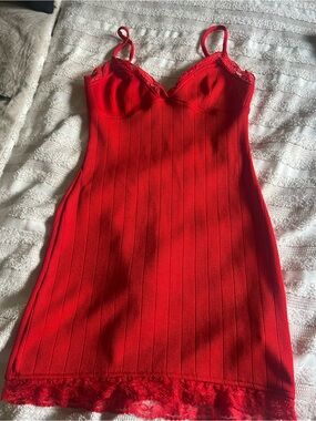 Urban Outfitters Red Ribbed Lace-Trim Mini Slip Dress